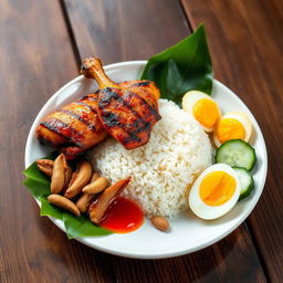 A beautifully presented plate of traditional Nasi Lemak, featuring fragrant coconut rice shaped in a small mound, accompanied by perfectly grilled chicken marinated with spices