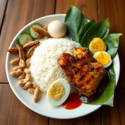 A beautifully presented plate of traditional Nasi Lemak, featuring fragrant coconut rice shaped in a small mound, accompanied by perfectly grilled chicken marinated with spices