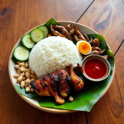 A beautifully presented plate of traditional Nasi Lemak, featuring fragrant coconut rice shaped in a small mound, accompanied by perfectly grilled chicken marinated with spices