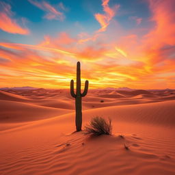 A beautiful and serene desert landscape at sunset, showcasing rolling sand dunes bathed in warm golden and orange hues