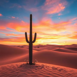 A beautiful and serene desert landscape at sunset, showcasing rolling sand dunes bathed in warm golden and orange hues
