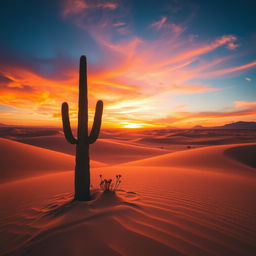 A beautiful and serene desert landscape at sunset, showcasing rolling sand dunes bathed in warm golden and orange hues