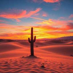 A beautiful and serene desert landscape at sunset, showcasing rolling sand dunes bathed in warm golden and orange hues