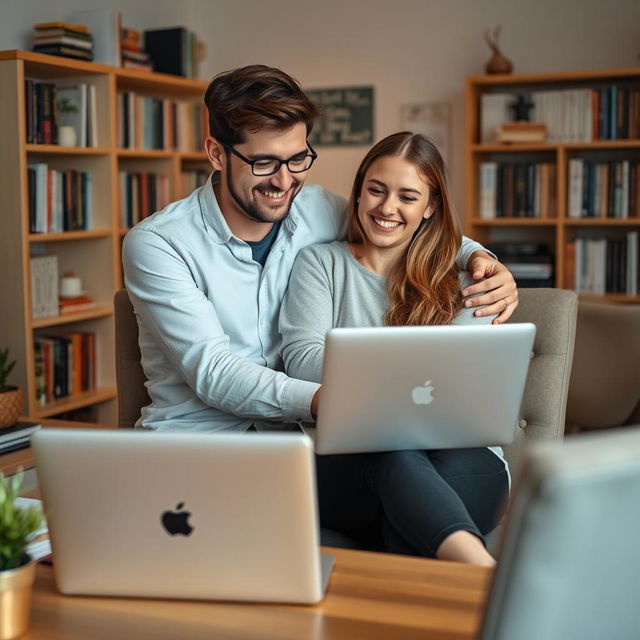 A cozy home office scene featuring a beautiful and humorous couple who are both software engineers