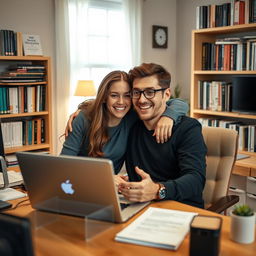 A cozy home office scene featuring a beautiful and humorous couple who are both software engineers