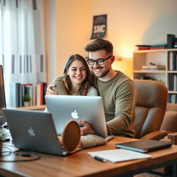A cozy home office scene featuring a beautiful and humorous couple who are both software engineers