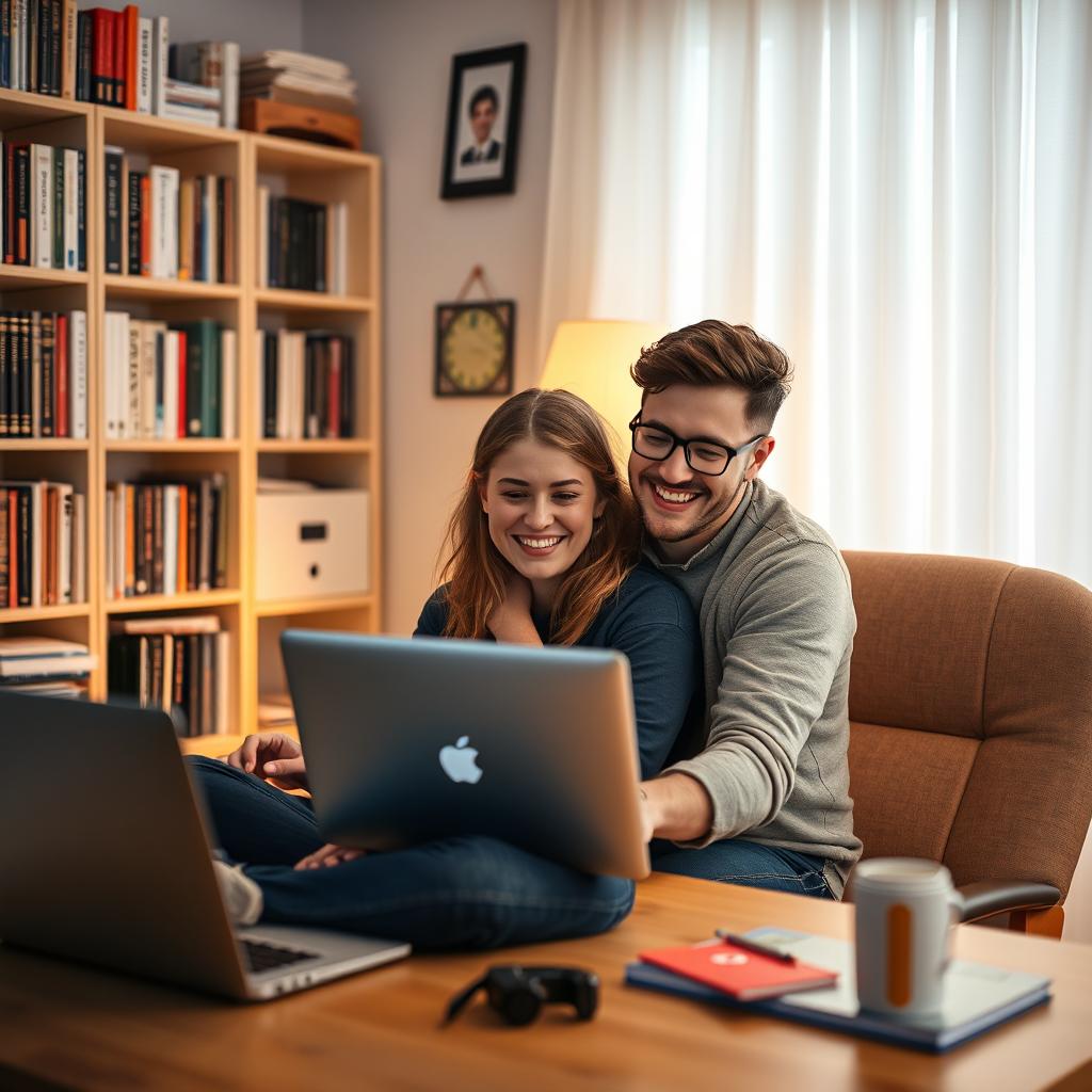 A cozy home office scene featuring a beautiful and humorous couple who are both software engineers