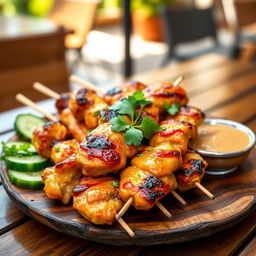 A vibrant, mouth-watering plate of chicken satay skewers, perfectly grilled and glistening with a golden-brown glaze