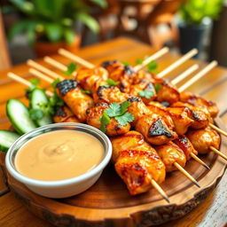 A vibrant, mouth-watering plate of chicken satay skewers, perfectly grilled and glistening with a golden-brown glaze