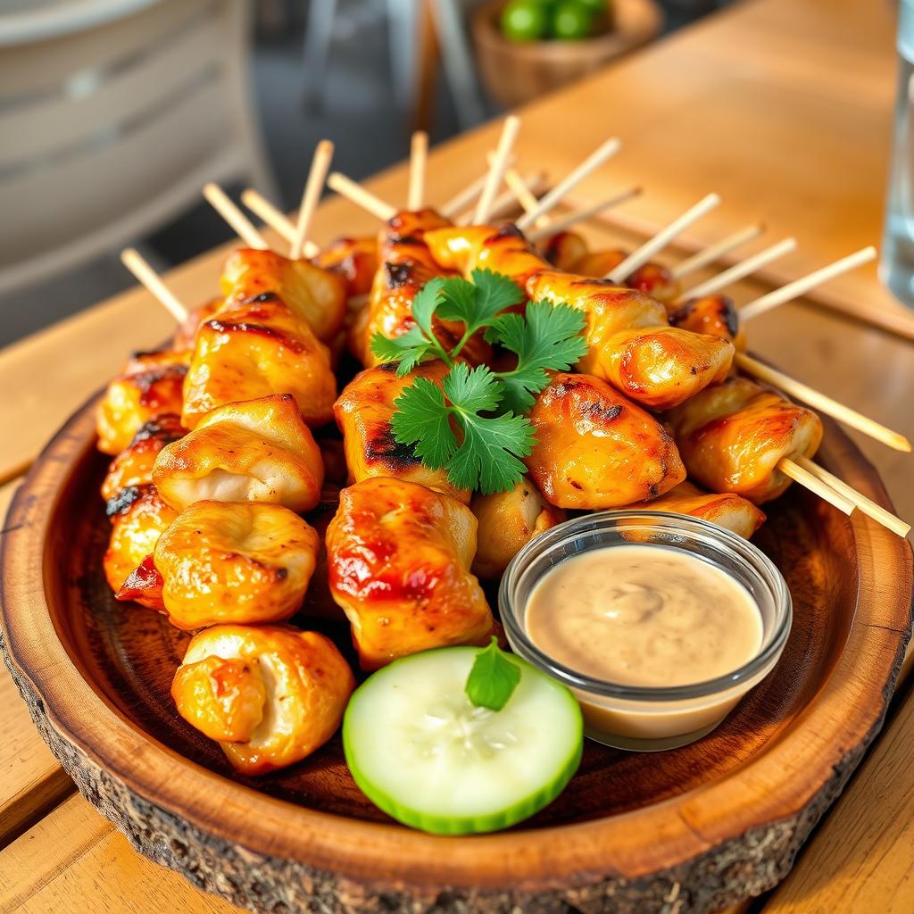 A vibrant, mouth-watering plate of chicken satay skewers, perfectly grilled and glistening with a golden-brown glaze