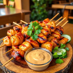 A vibrant, mouth-watering plate of chicken satay skewers, perfectly grilled and glistening with a golden-brown glaze