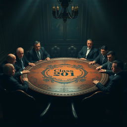A dramatic scene depicting 21 mafia heads gathered around an ornate round table, with an air of mystery surrounding them
