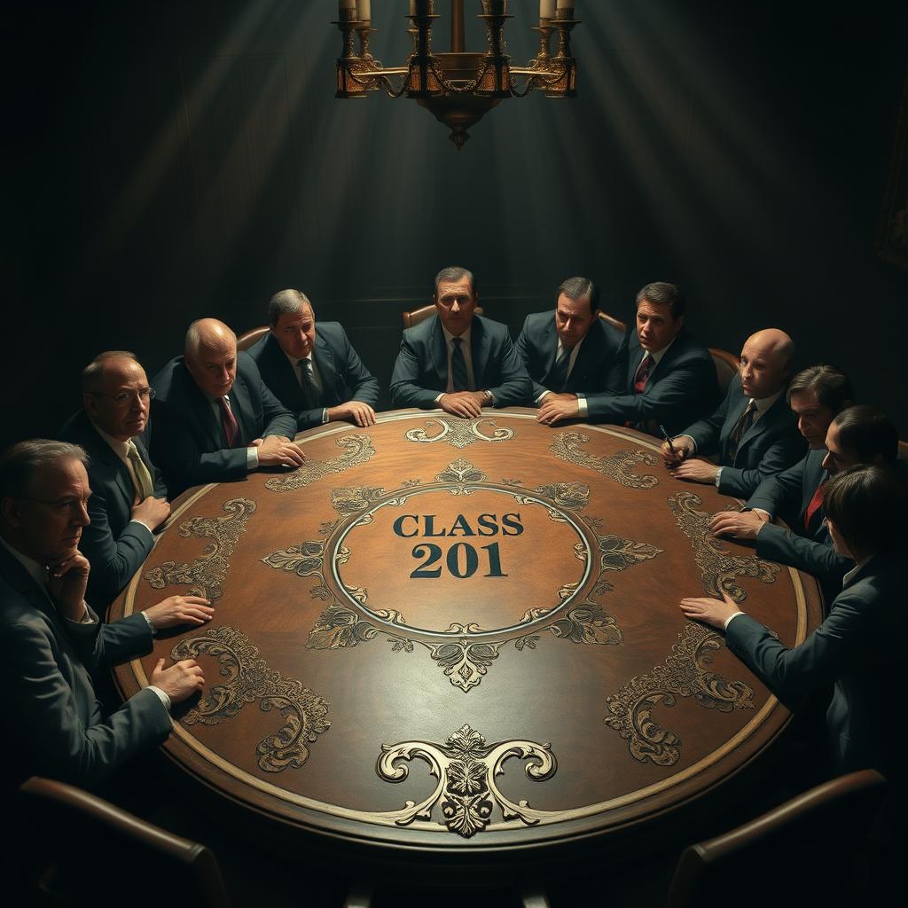 A dramatic scene depicting 21 mafia heads gathered around an ornate round table, with an air of mystery surrounding them