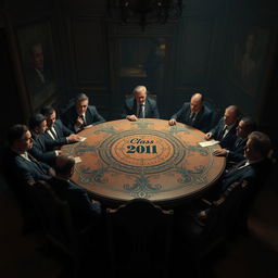 A dramatic scene depicting 21 mafia heads gathered around an ornate round table, with an air of mystery surrounding them