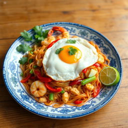 A delicious plate of Mie Goreng, featuring stir-fried noodles with vibrant colors