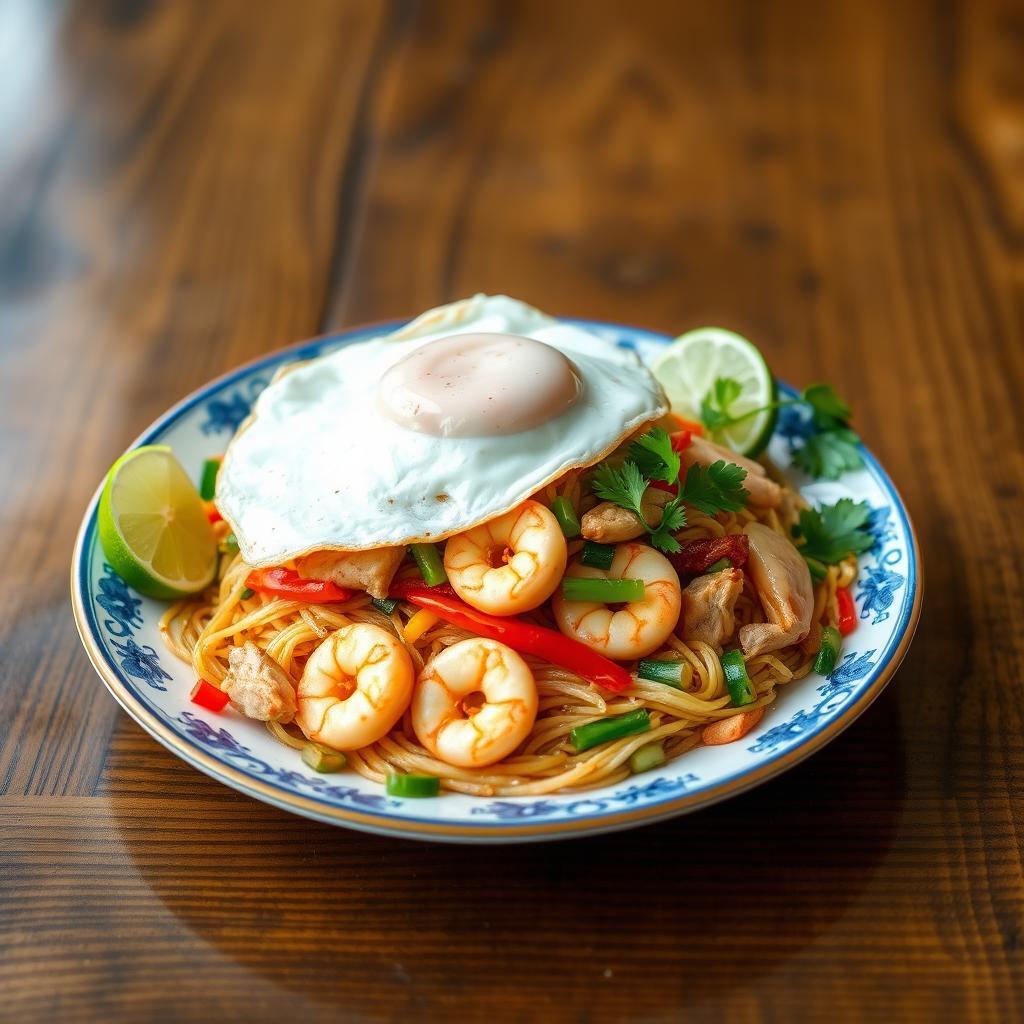 A delicious plate of Mie Goreng, featuring stir-fried noodles with vibrant colors
