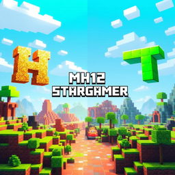 A vivid and dynamic Minecraft Bedwars landscape divided into two distinct halves