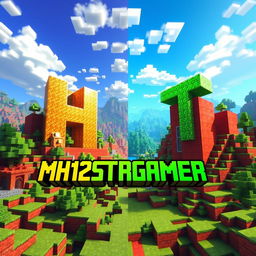 A vivid and dynamic Minecraft Bedwars landscape divided into two distinct halves