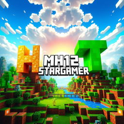 A vivid and dynamic Minecraft Bedwars landscape divided into two distinct halves