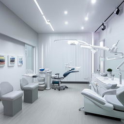 A modern, clean, and well-lit dental clinic with state-of-the-art dental equipment, comfortable seating in the waiting area and reassuring, calming colors on the walls.