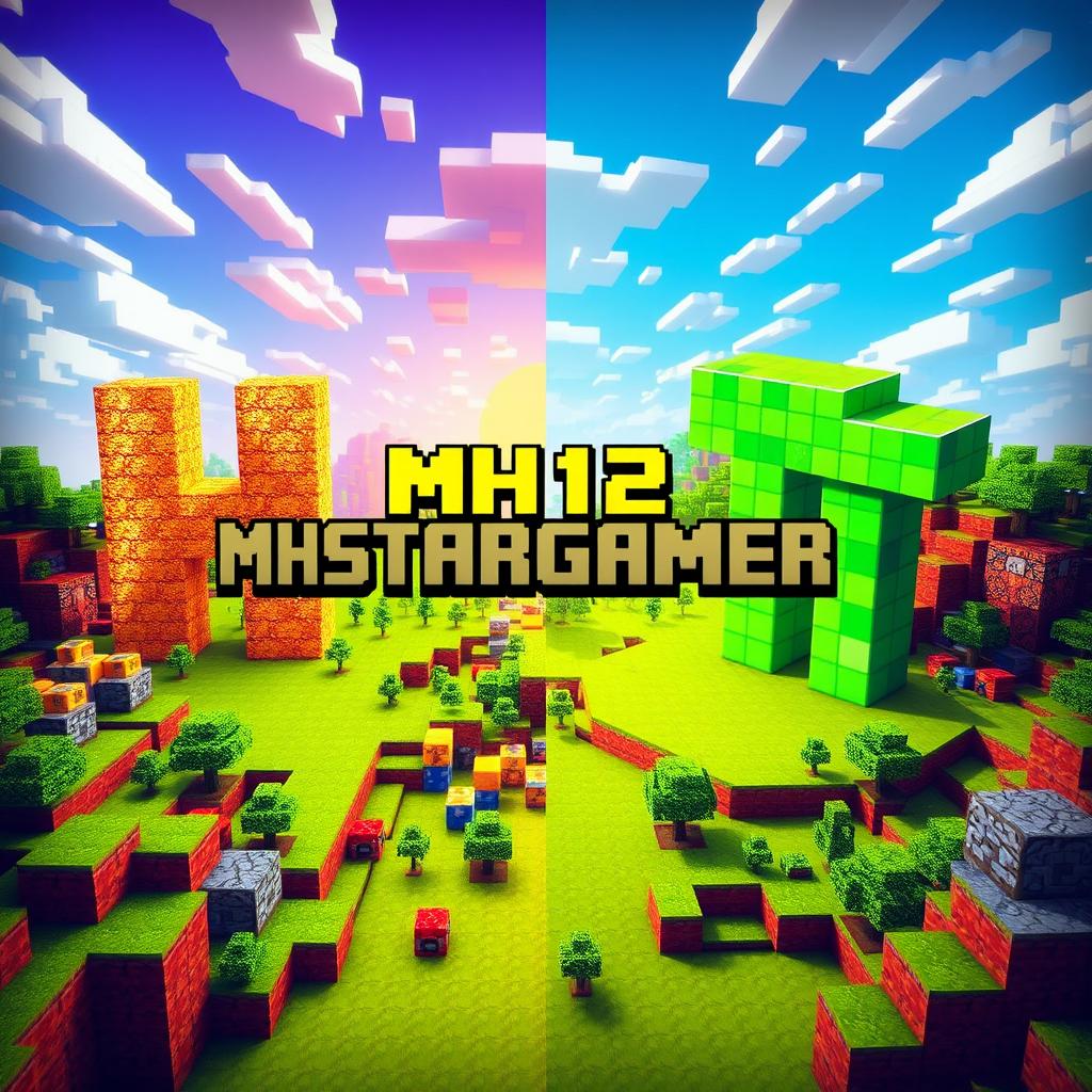 A vivid and dynamic Minecraft Bedwars landscape divided into two distinct halves