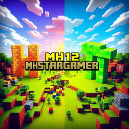 A vivid and dynamic Minecraft Bedwars landscape divided into two distinct halves