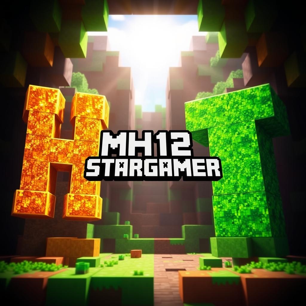 Imagine a vibrant Minecraft Bedwars scene split into two parts