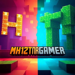 Imagine a vibrant Minecraft Bedwars scene split into two parts