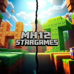 Imagine a vibrant Minecraft Bedwars scene split into two parts