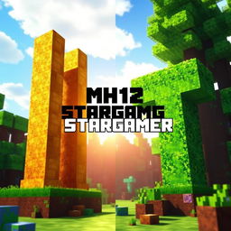Imagine a vibrant Minecraft Bedwars scene split into two parts