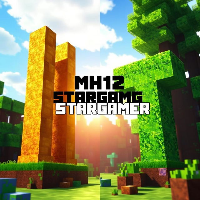 Imagine a vibrant Minecraft Bedwars scene split into two parts