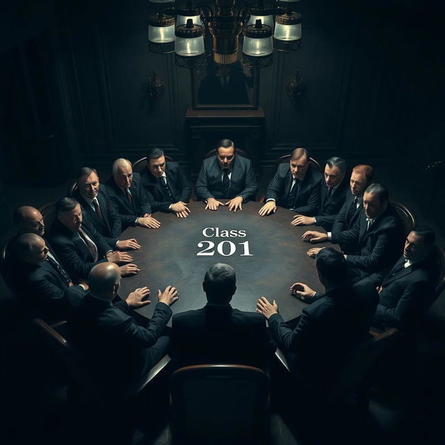 A tense and eerie scene showcasing 21 intimidating mafia heads gathered around a round table