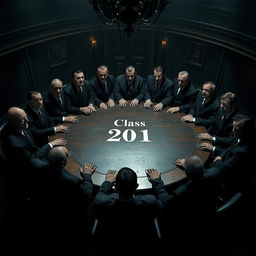 A tense and eerie scene showcasing 21 intimidating mafia heads gathered around a round table