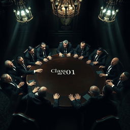 A tense and eerie scene showcasing 21 intimidating mafia heads gathered around a round table