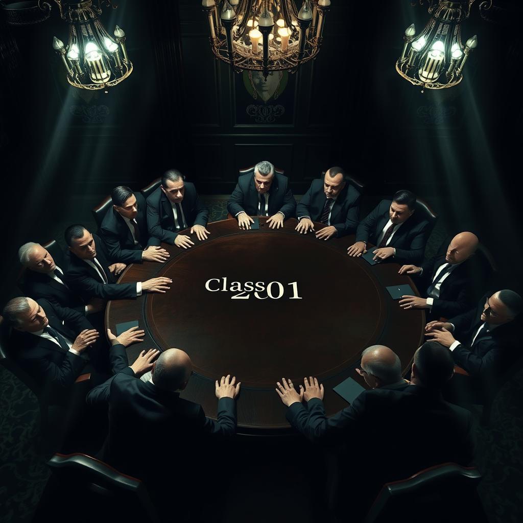 A tense and eerie scene showcasing 21 intimidating mafia heads gathered around a round table