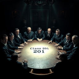A tense and eerie scene showcasing 21 intimidating mafia heads gathered around a round table