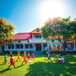 A vibrant scene of an Indian school, showcasing a traditional building with colorful decorations, surrounded by lush green trees and blooming flowers