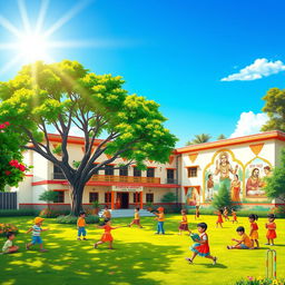A vibrant scene of an Indian school, showcasing a traditional building with colorful decorations, surrounded by lush green trees and blooming flowers