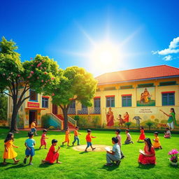A vibrant scene of an Indian school, showcasing a traditional building with colorful decorations, surrounded by lush green trees and blooming flowers