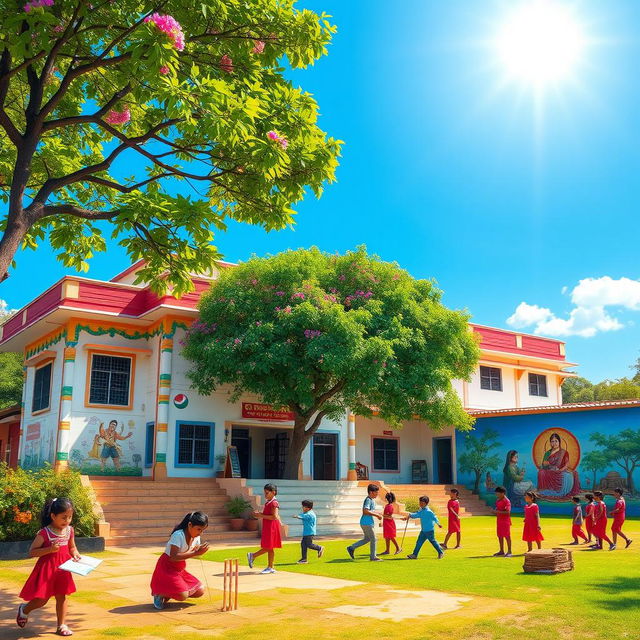 A vibrant scene of an Indian school, showcasing a traditional building with colorful decorations, surrounded by lush green trees and blooming flowers