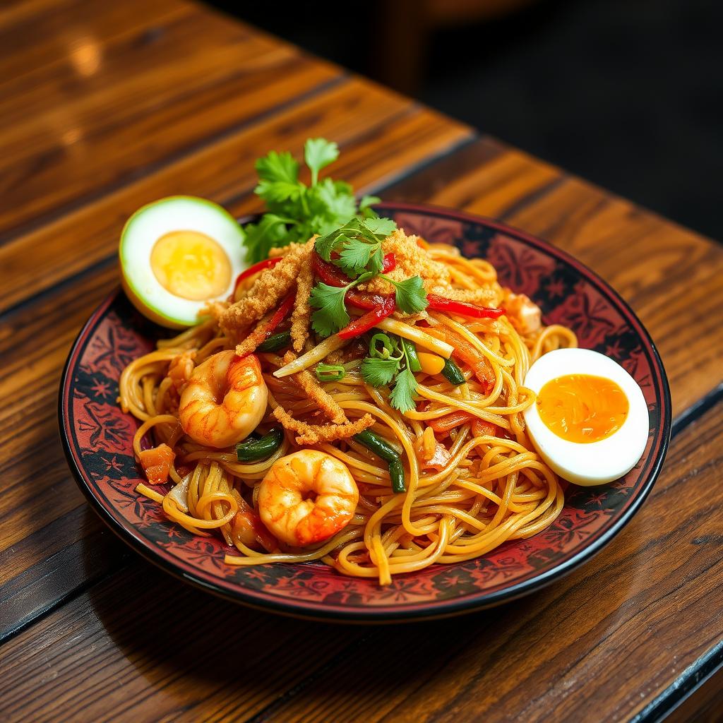 A vibrant plate of Mie Goreng, an Indonesian fried noodle dish, boldly presented on a traditional batik-patterned plate