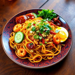 A vibrant plate of Mie Goreng, an Indonesian fried noodle dish, boldly presented on a traditional batik-patterned plate