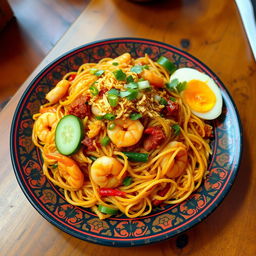 A vibrant plate of Mie Goreng, an Indonesian fried noodle dish, boldly presented on a traditional batik-patterned plate