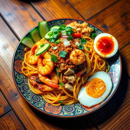 A vibrant plate of Mie Goreng, an Indonesian fried noodle dish, boldly presented on a traditional batik-patterned plate