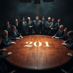 A cinematic scene featuring 21 intimidating mafia heads gathered around a large, round wooden table