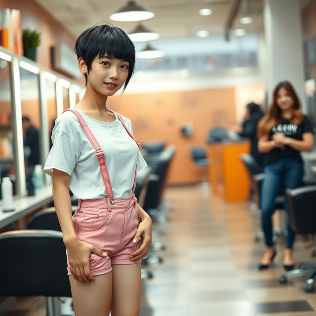 A photorealistic image of a 20-year-old Asian lady with a slim build and small breasts standing in a hair salon, displaying a sad expression with tears rolling down her face
