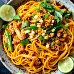 A delicious serving of Mie Goreng, an Indonesian fried noodle dish featuring well-cooked, flavorful strands of yellow egg noodles