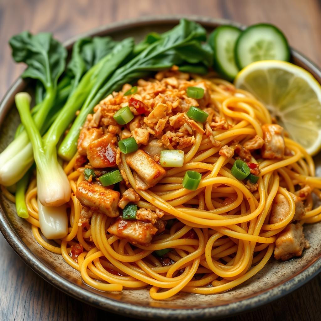 A delicious serving of Mie Goreng, an Indonesian fried noodle dish featuring well-cooked, flavorful strands of yellow egg noodles