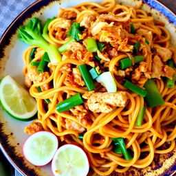 A delicious serving of Mie Goreng, an Indonesian fried noodle dish featuring well-cooked, flavorful strands of yellow egg noodles
