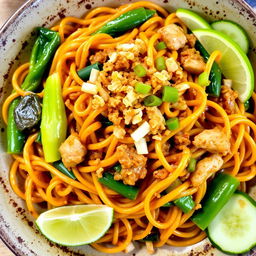 A delicious serving of Mie Goreng, an Indonesian fried noodle dish featuring well-cooked, flavorful strands of yellow egg noodles